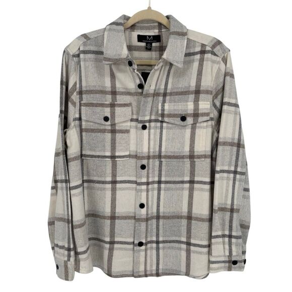 Magaschoni Tops - Magaschoni Plaid Brushed Flannel Shacket Jacket Overshirt Tan/Gray Small NWT